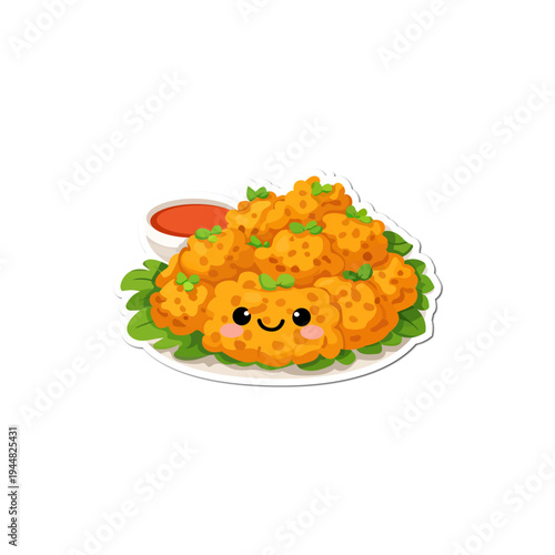 Isolated Plate of cute fried nuggets with herb garnish and sauce sticker art on white background