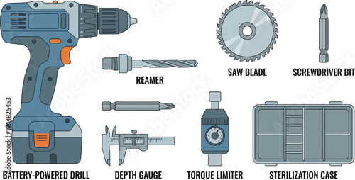 A collection of various power tool accessories and measuring implements are displayed on a white background for comparison.