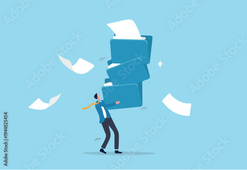 Archive document file storage folder, backup important file directory or information, paperwork discovery or online compression or protection concept, businessman carry big file folder