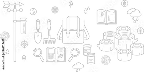 Outline icons representing field research equipment such as a weather station, backpack, gardening tools, magnifying glass, and stacked wood logs are presented.