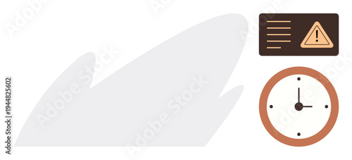 Time management, reminders, deadline tracking, scheduling, alerts, punctuality. A clock and a warning icon with text. Time management and reminders through clear symbols