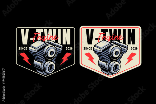 V-Twin Engine Logo Badge Design. Retro Garage Bike Logo Patch for Motor Clubs, Motorbike, Classic Bike Vector Element Design