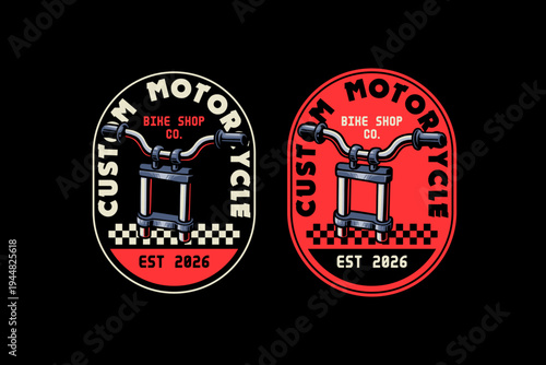 Handlebar, Front Fork Logo Badge Design. Retro Bike Steering Bar Logo Patch for Motor Clubs, Classic Bike Vector Element Design