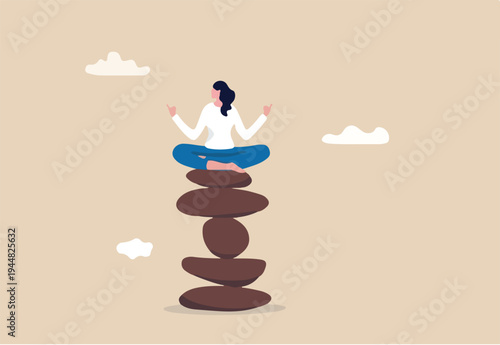 Mindfulness meditation to balance work and life, mental health healing with relaxing yoga, enjoy freedom, peace and solitude concept, calm peaceful woman meditate sitting on stack of zen