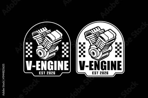 Vintage V-Twin Motorcycle Engine Logo Badge Design. Retro Garage Bike Logo Patch for Motor Clubs, Motorbike, Classic Bike Vector Element Design