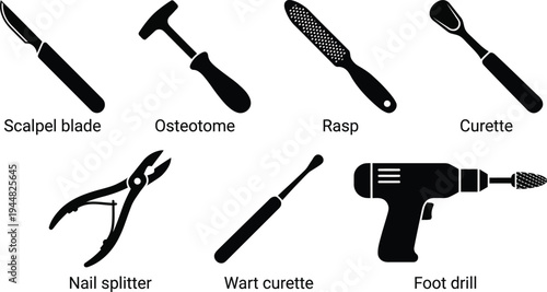 A selection of specialized surgical and podiatry instruments including a drill, curette, and osteotome are shown in silhouette.