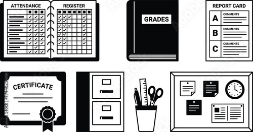 Various black and white administrative and academic stationery items are displayed for educational record keeping.