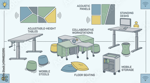 Diagram illustrates various components of modern, flexible office furniture and collaborative workspace designs for employee productivity.