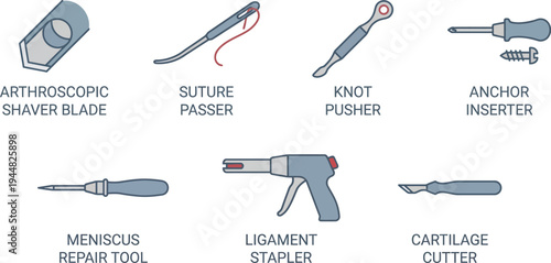 A collection of orthopedic surgery instruments including a shaver blade, suture passer, and knot pusher is displayed on a white background.