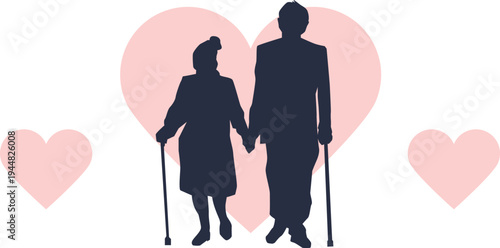 A loving elderly couple holding hands with heart symbols around them