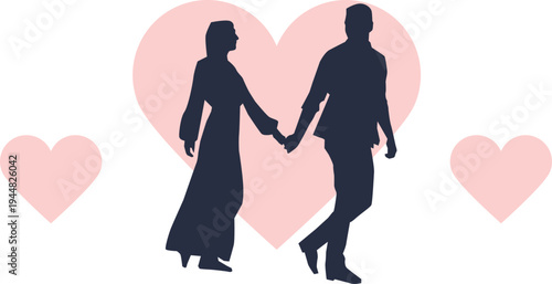 A loving couple holds hands in front of a large pink heart