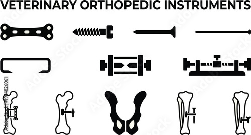 Black and white schematic illustrations depict various veterinary orthopedic implants and bone fixation devices used in animal surgery.
