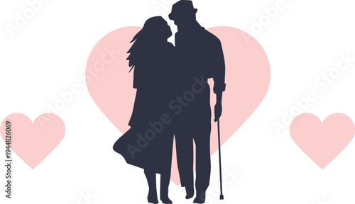 A loving elderly couple embracing in front of a large pink heart