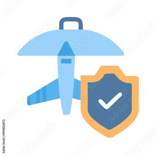 Aircraft Travel Insurance Icon: Light Blue Plane Under Umbrella with Checkmark Shield