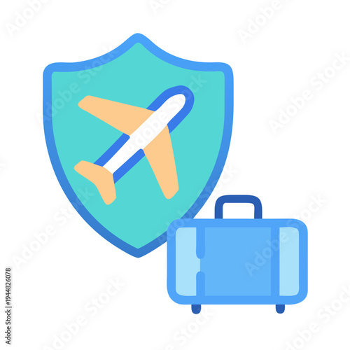 Travel insurance concept: Airplane inside a shield with a suitcase, symbolizing safety