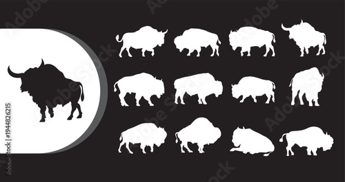 A collection of white and black bison silhouettes on a dark background