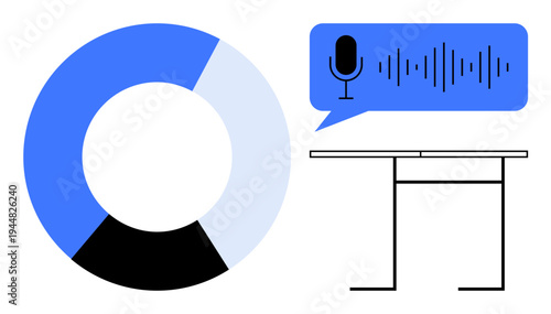 Data visualization, digital communication, podcasting, analytics, recording studio, remote work. Circular chart and speech bubble with microphone and sound waves. Data visualization and podcasting