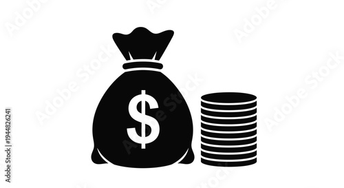Black silhouette of a money bag and coins financial wealth