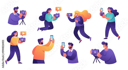 Illustration of diverse people engaging in social media activities with tablets and phones in a colorful, flat vector style conveying happiness and community on a white background