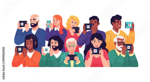 Diverse group of people holding mobile phones and tablets, conveying happiness and social connection on social media in a colorful illustration with a joyful mood
