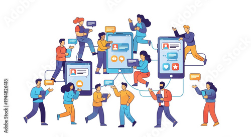 A diverse group of people interacting with large mobile devices and computers, conveying a sense of happiness and community in a digital social media concept with bright colors