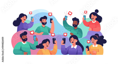 A diverse group of people using their mobile phones to share and celebrate happiness on social media with colorful icons, conveying a joyful and connected community atmosphere