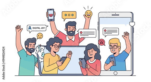 Illustration of a diverse group of people celebrating International Day of Happiness with digital devices and social media icons around them