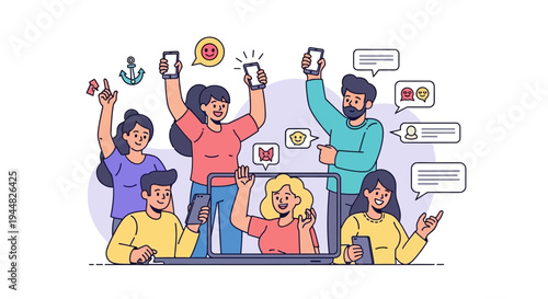 A diverse group of people using mobile phones and celebrating on social media with a colorful and lively illustration in a digital style conveying happiness and community