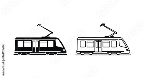 Two black tram designs displayed side by side modern silhouette
