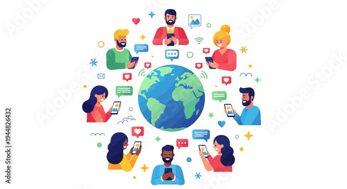 Illustration of diverse people using mobile devices around the globe with social media icons on International Day of Happiness, conveying a joyful and connected community