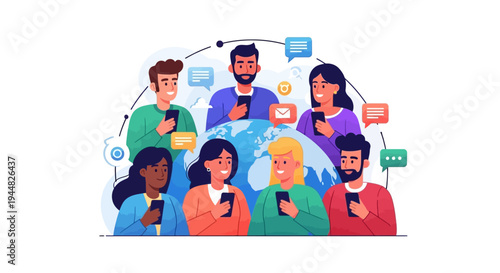 Diverse group of people using mobile phones with social media icons around them on International Day of Happiness