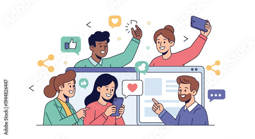 A diverse group of people interacting with social media on their devices in a colorful, flat illustration with a joyful and connected mood