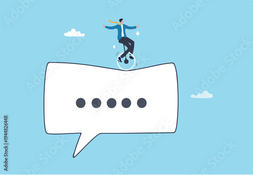 Communicate to success, talking or discussion, advice message dialogue, announcement speech bubble, business conversation or consultation concept, businessman acrobat on message speech bubble.