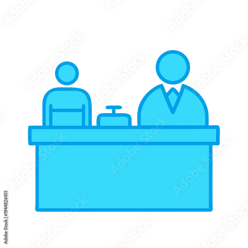 Stylized hotel reception illustration in blue against a black background