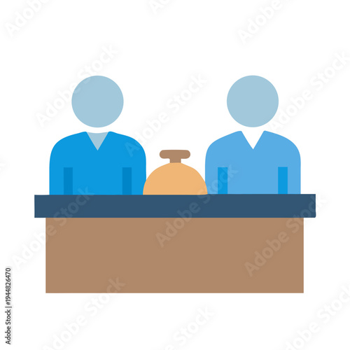 Reception desk flat illustration with people and bell for travel industry