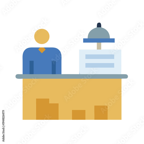 Hotel reception desk with bell and staff minimalist flat vector illustration.