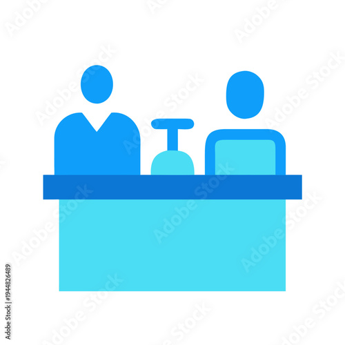 Minimalist Illustration of Reception Desk with Two Attendants in Blue Tones