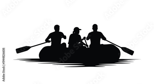 Three people rowing a raft on water black silhouette