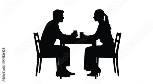 Couple sharing a meal at a table black and white silhouette