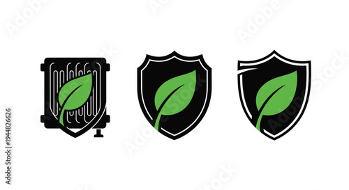 Three shield icons with green leaves a modern design silhouette