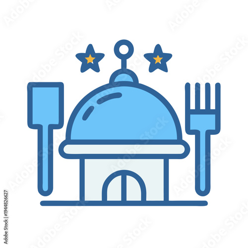 Blue cartoon style food serving cloche with stars, spoon and fork