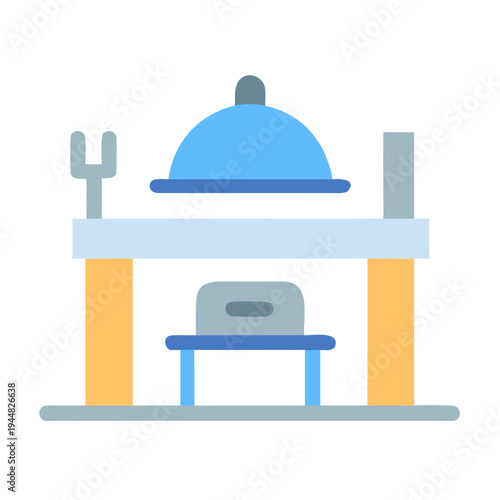 Abstract restaurant table setting icon with plate cover and chair on black