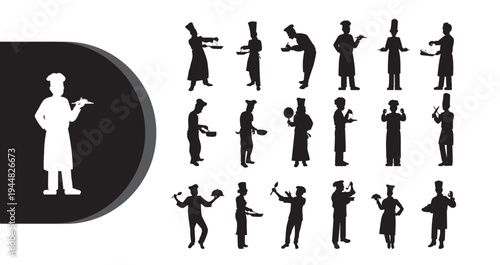A collection of chef silhouettes in various poses on a clean white background
