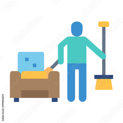 Flat icon illustration showing person cleaning with broom and dusting an armchair.