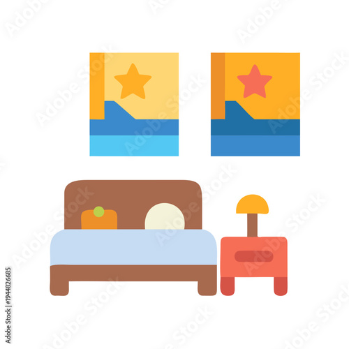 Flat illustration depicting bedroom scene with paintings, bed, and nightstand