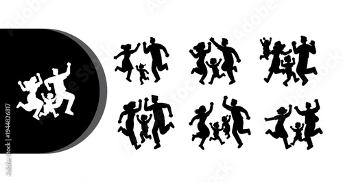 A group of happy people running and jumping together in black and white silhouettes