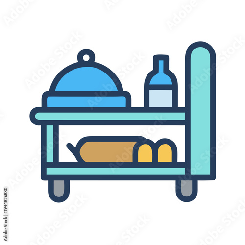 Stylized illustration of a hotel room service cart with food and drinks