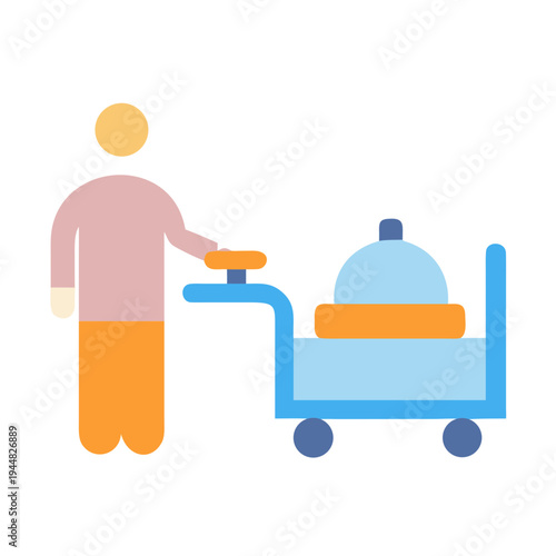 Simple flat style illustration of a bellhop pushing a room service cart