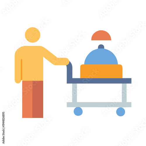 Flat vector of service worker with tray of food on a black background
