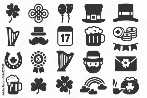 St patrick's day minimalist silhouette icons set shamrocks leprechaun hats gold coin beer harp and more on white background graphic design for logo, tattoo, print, banner, card, ads, web, social media